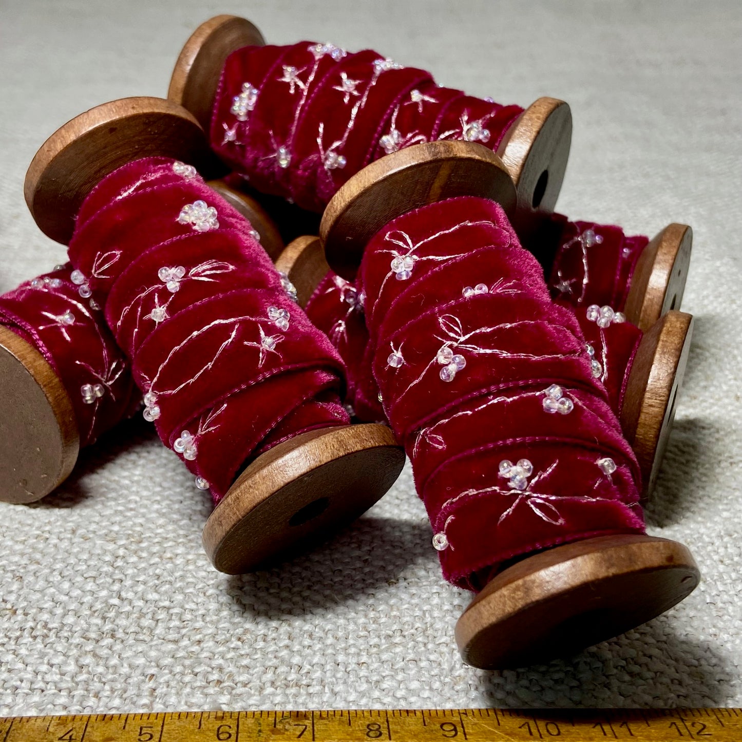 Embroidered Velvet Ribbon on Spool Silver