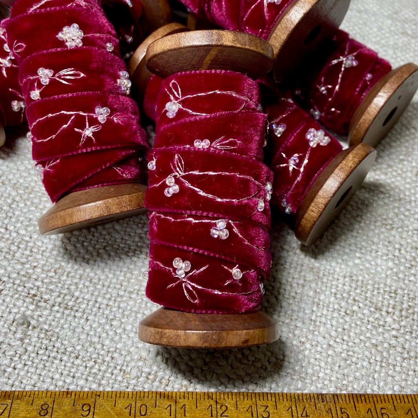 Embroidered Velvet Ribbon on Spool Silver