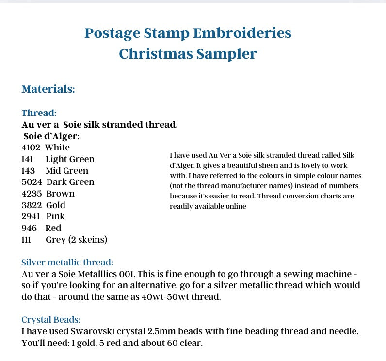 Postage Stamp Embroidery Christmas Sampler