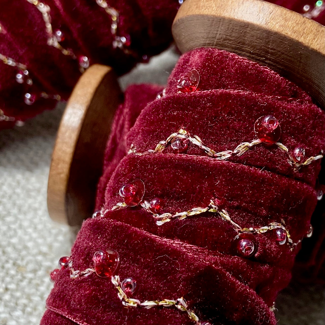 Embroidered Velvet Ribbon on Spool Gold
