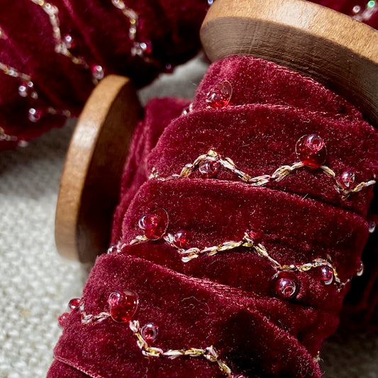 Embroidered Velvet Ribbon on Spool Gold
