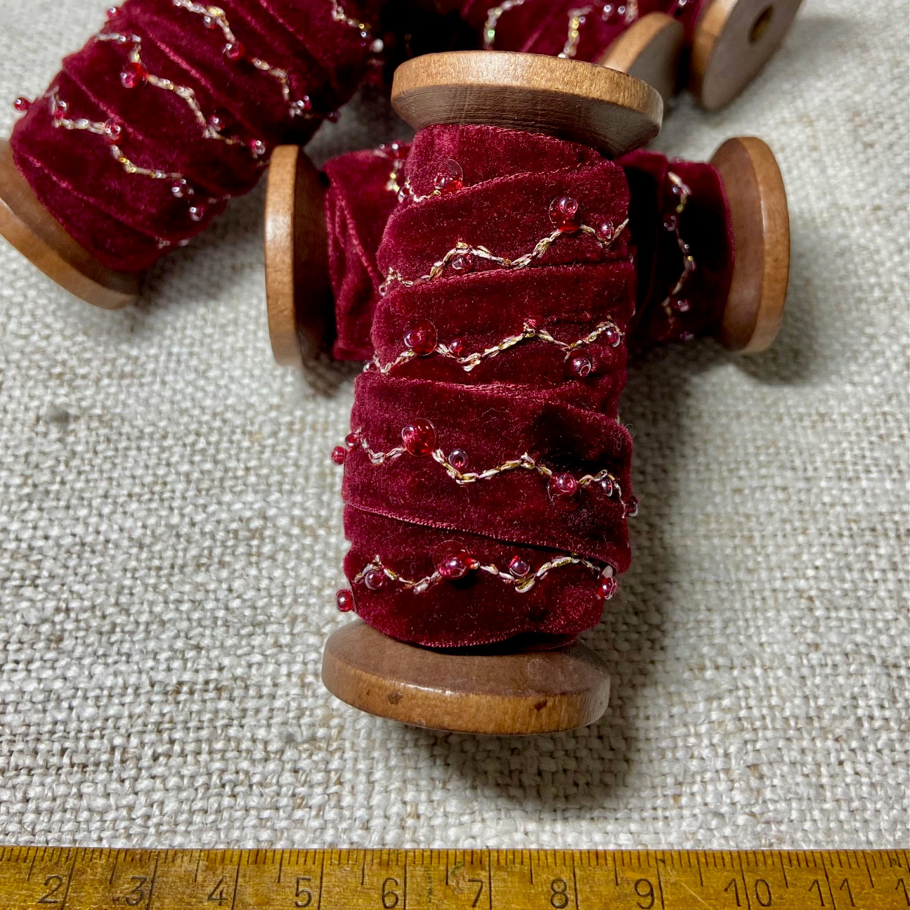 Embroidered Velvet Ribbon on Spool Gold